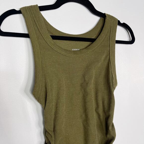 Evereve XSmall Olive Green Linen Rib Ruched Tank Top Crew Neck Side Seam Ruching - Picture 3 of 12